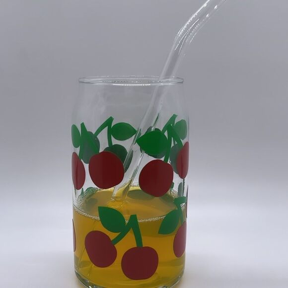 NWT Wool + Pepper Co. CHERRIES 16oz Glass Can Cup - Picture 3 of 7